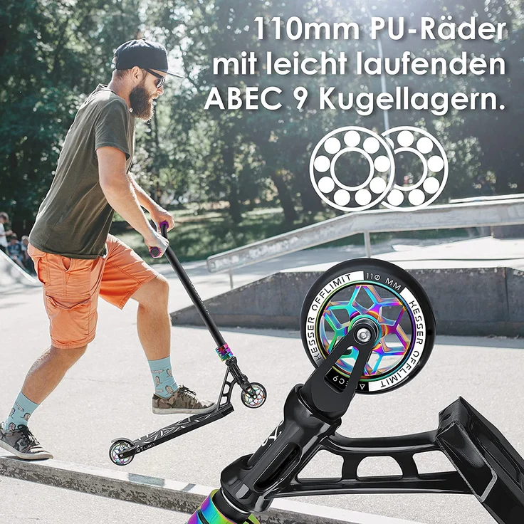 KESSER 'Stunt Scooter GT-Limit', 360° Lenkung, mit Ständer, ABEC 9 Kugellagern, 110 mm PU Räder, max. belastbar bis 100 kg, Schwarz / Rainbow – Bild 5