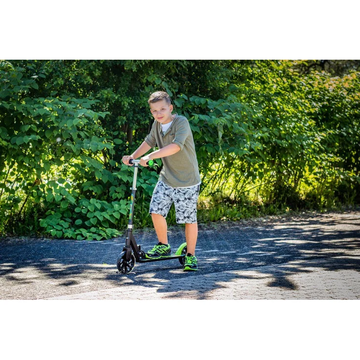 Muuwmi 337 'Aluminium Scooter NEON 180 mm' Scooter, ab 6 Jahren, 3-fach höhenverstellbar bis 92 cm, klappbar, mit Leuchtrollen, max. belastbar bis 100 kg, schwarz/grün – Bild 3