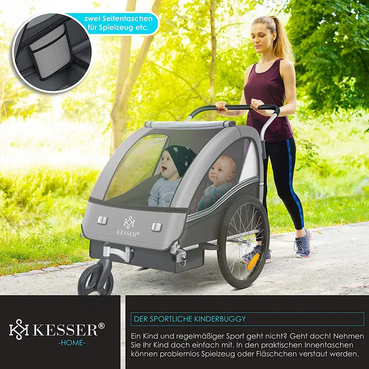 KESSER® 'Sport-RX' Kinderanhänger 2in1 in Hellgrau Joggerfunktion + 5-Punkt Sicherheitsgurt, Anhänger für 1 bis 2 Kinder, max. 40kg – Bild 4