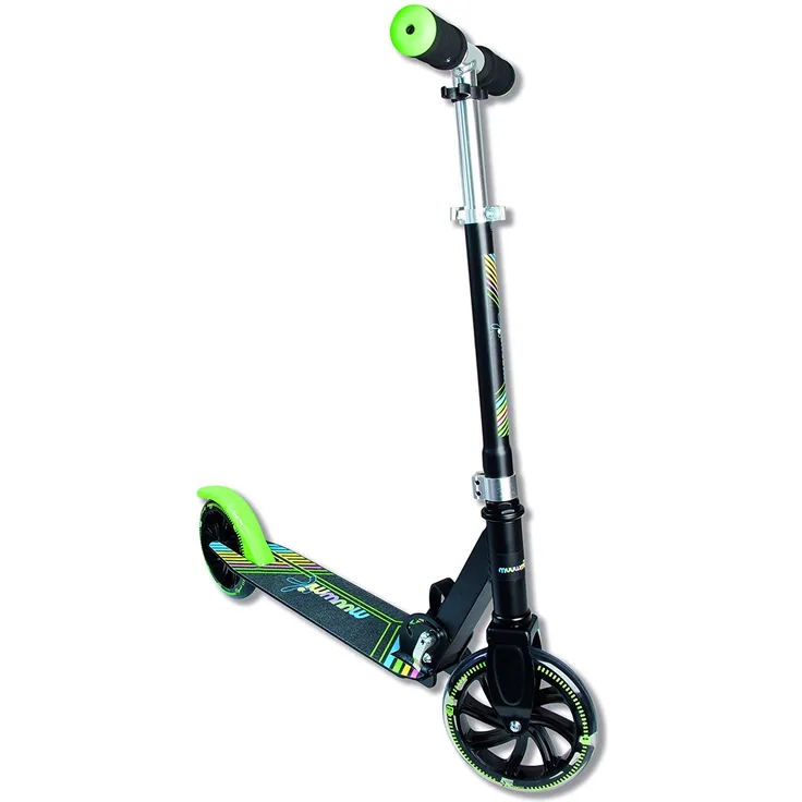 Muuwmi 337 'Aluminium Scooter NEON 180 mm' Scooter, ab 6 Jahren, 3-fach höhenverstellbar bis 92 cm, klappbar, mit Leuchtrollen, max. belastbar bis 100 kg, schwarz/grün