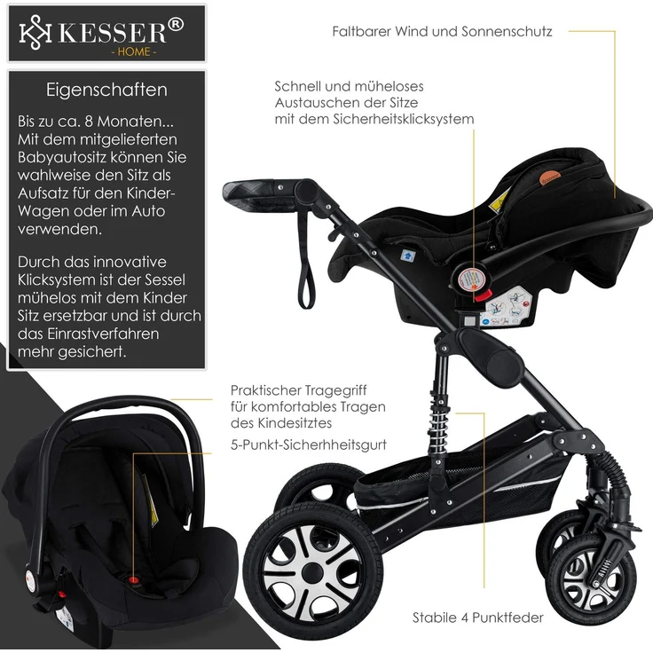 KESSER® 'Loops' Kombikinderwagen 3 in 1 Kinderwagen inkl. Babywanne, Buggy Sportsitz, Auto-Babyschale - Voll-Gummireifen - Wickeltasche/Regenschutz Schwarz / Schwarz – Bild 3