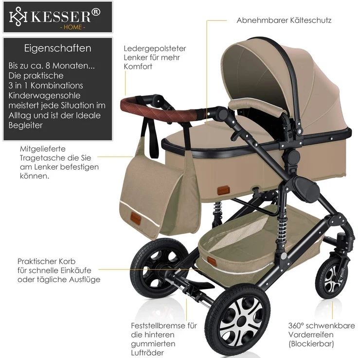 KESSER® 'Loops' Kombikinderwagen 3 in 1 Kinderwagen inkl. Babywanne, Buggy Sportsitz, Auto-Babyschale - Voll-Gummireifen - Wickeltasche/Regenschutz Beige/ Schwarz – Bild 2