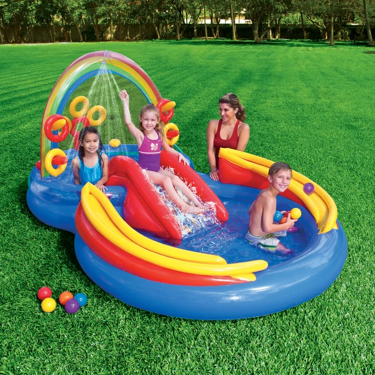Intex 'Rainbow Ring Playcenter' 2-in-1-Planschbecken, 297 x 193 x 135 cm, ab 2 Jahren, inkl. großem und kleinem Pool, Rutsche, Regenbogendusche und verschiedenen Ball- und Ringspielen – Bild 3