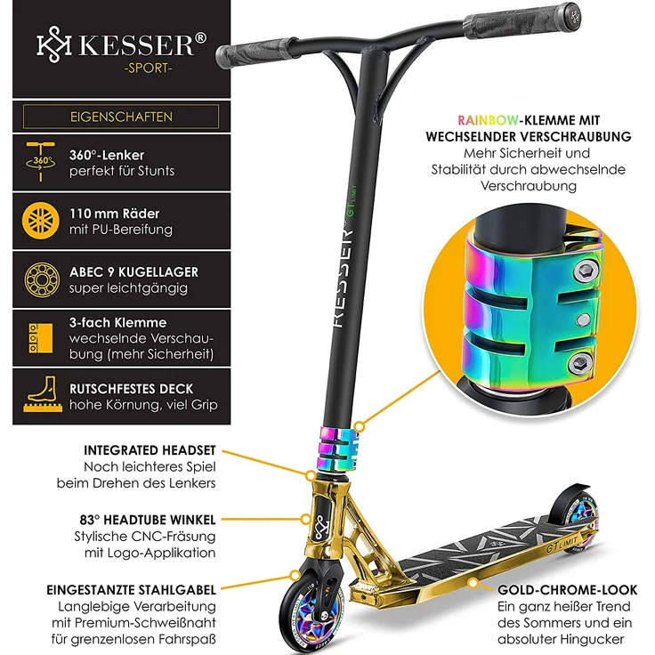 KESSER 'Stunt Scooter GT-Limit', 360° Lenkung, mit Ständer, ABEC 9 Kugellagern, 110 mm PU Räder, max. belastbar bis 100 kg, Gold – Bild 6