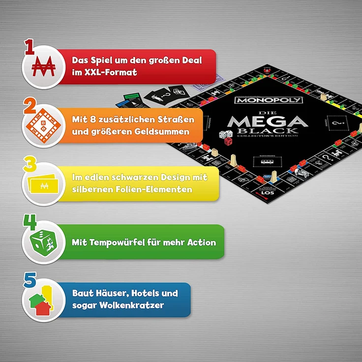 Monopoly 'Mega Black Edition' Brettspiel, ab 8 Jahren, 2-6 Spieler, 60-90 min Spielzeit, deutsch – Bild 4