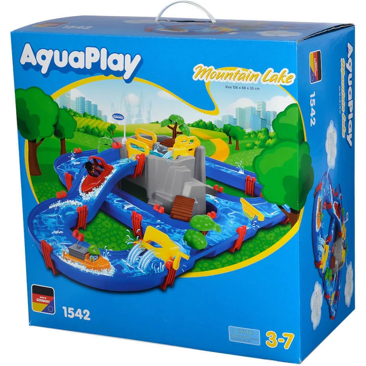 AquaPlay 'Mountain Lake' Wasserbahn, 126 x 88 x 35 cm, inkl. Berg mit Wasserfallrutsche, 2 Containerboote, 3 Spielfiguren, Paddelrad, Brücke und Bäumen – Bild 2