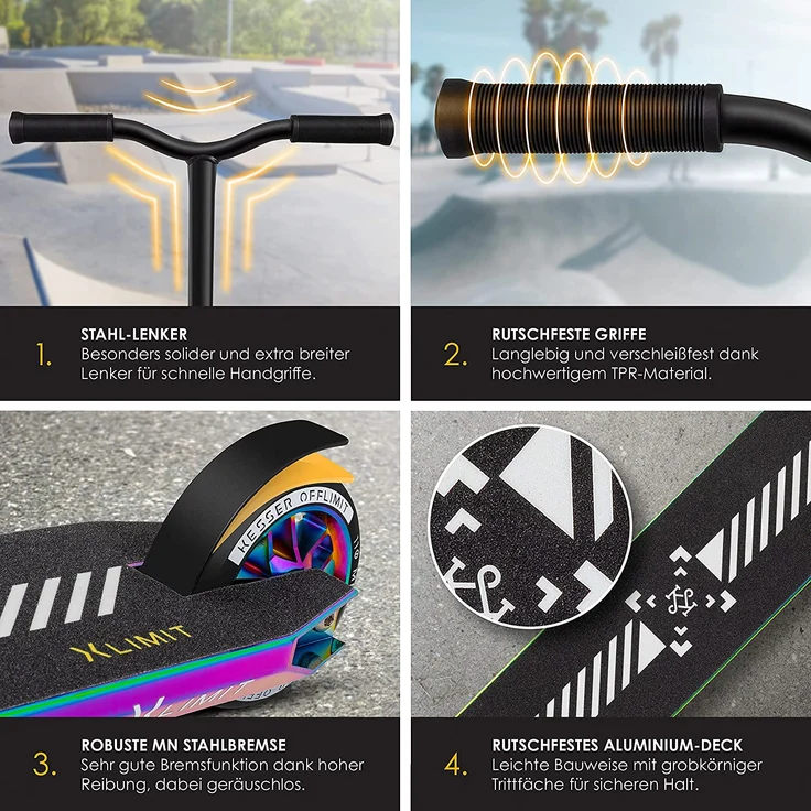 KESSER 'Stunt Scooter X-Limit-Pro', 360° Lenkung, mit Ständer, ABEC 9 Kugellagern, 110 mm PU Räder, Rainbow – Bild 3