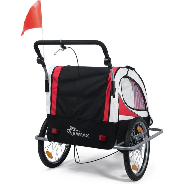 SAMAX Fahrradanhänger Jogger 2in1 360° drehbar Kinderanhänger Kinderfahrradanhänger Transportwagen vollgefederte Hinterachse für 2 Kinder in Rot - Silver Frame – Bild 5