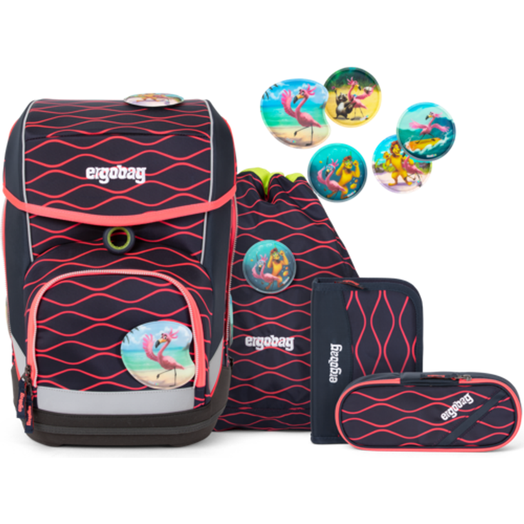 Ergobag Cubo 'WellenreitBär' Schulranzen-Set, 19 Liter, 5-teiliges Set, blau/orange/rot