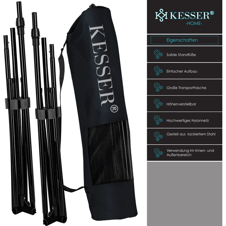 KESSER Badmintonnetz, 3-Fach-Höhenverstellbar, Set bestehend aus Netz, 3x Federball, stabilem Eisen-Gestell, Transporttasche, Indoor & Outdoor, Schwarz, 300cm – Bild 2