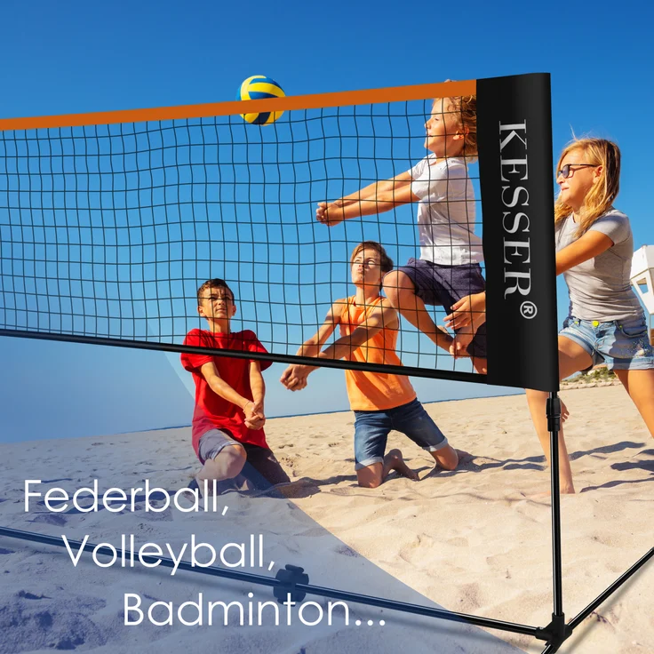KESSER Badmintonnetz, 3-Fach-Höhenverstellbar, Set bestehend aus Netz, 3x Federball, stabilem Eisen-Gestell, Transporttasche, Indoor & Outdoor, Schwarz, 300cm – Bild 4