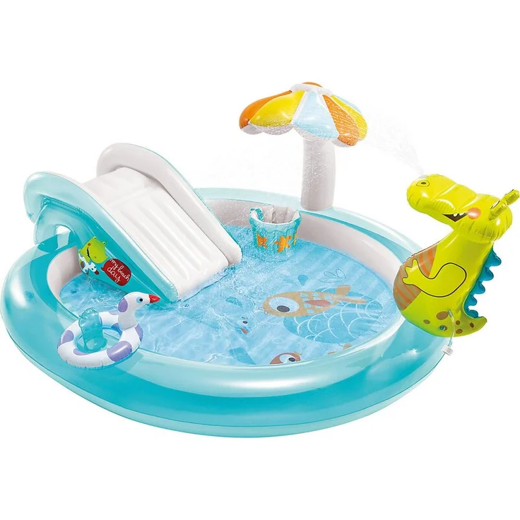 Intex 'Playcenter Gator', Krokodil-Planschbecken, 203 x 173 x 89 cm, ab 3 Jahren, inkl. Rutsche, Krokodil als Wassersprüher, aufblasbaren Pilz, Wassereimer 2 Fische und Entchen – Bild 1