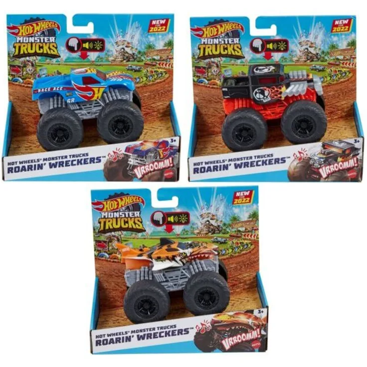 Hot Wheels Monster Trucks Roarin’ Wreckers Trucks mit Licht- und Geräuscheffekten, 1x Stück, zufällige Farbauswahl