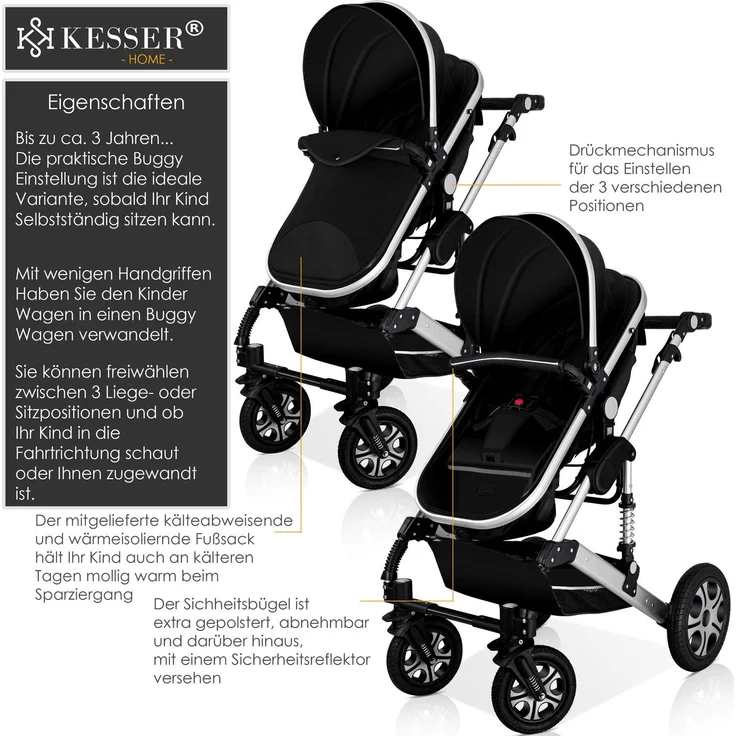 KESSER® Loops 3 in 1 Kinderwagen Kombikinderwagen Komplettset incl. Babywanne & Buggy Sportsitz & Auto-Babyschale - Voll-Gummireifen - Wickeltasche/Regenschutz/Kindertisch Set Schwarz / Silber – Bild 4