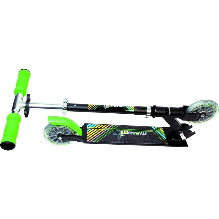 Muuwmi 102 'Aluminium Scooter NEON 125 mm' Scooter, ab 6 Jahren, 2-fach höhenverstellbar bis 83 cm, klappbar, mit Leuchtrollen, max. belastbar bis 100 kg, schwarz/grün – Bild 3