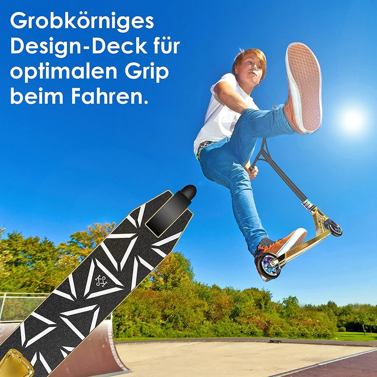 KESSER 'Stunt Scooter GT-Limit', 360° Lenkung, mit Ständer, ABEC 9 Kugellagern, 110 mm PU Räder, max. belastbar bis 100 kg, Gold – Bild 4