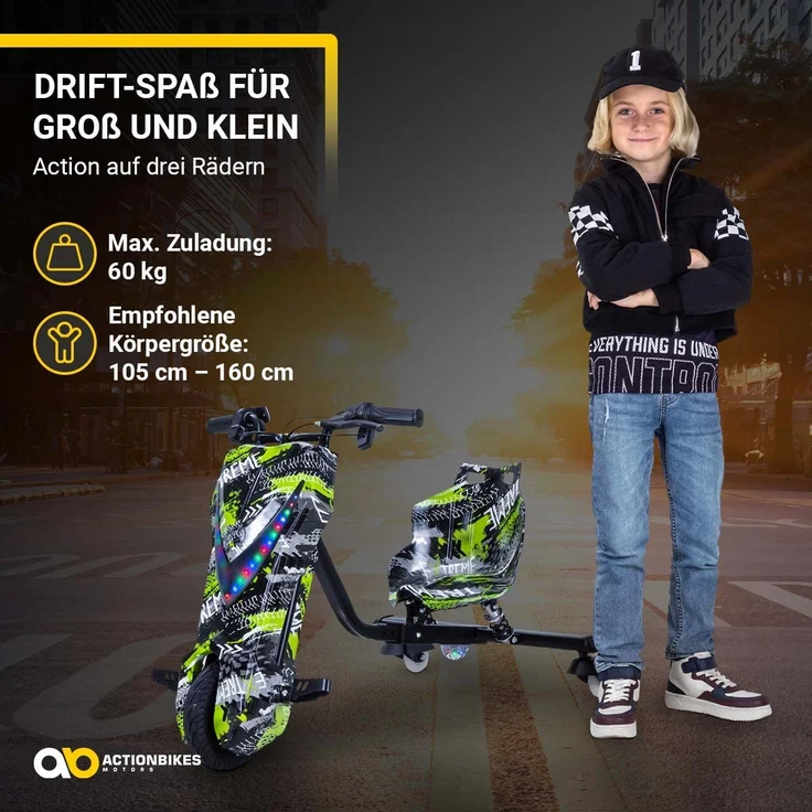 Kinder Elektro Drift Trike Scooter LED Driftrollen 360° bis zu 15km/h drosselbar (Grün Polo) – Bild 9