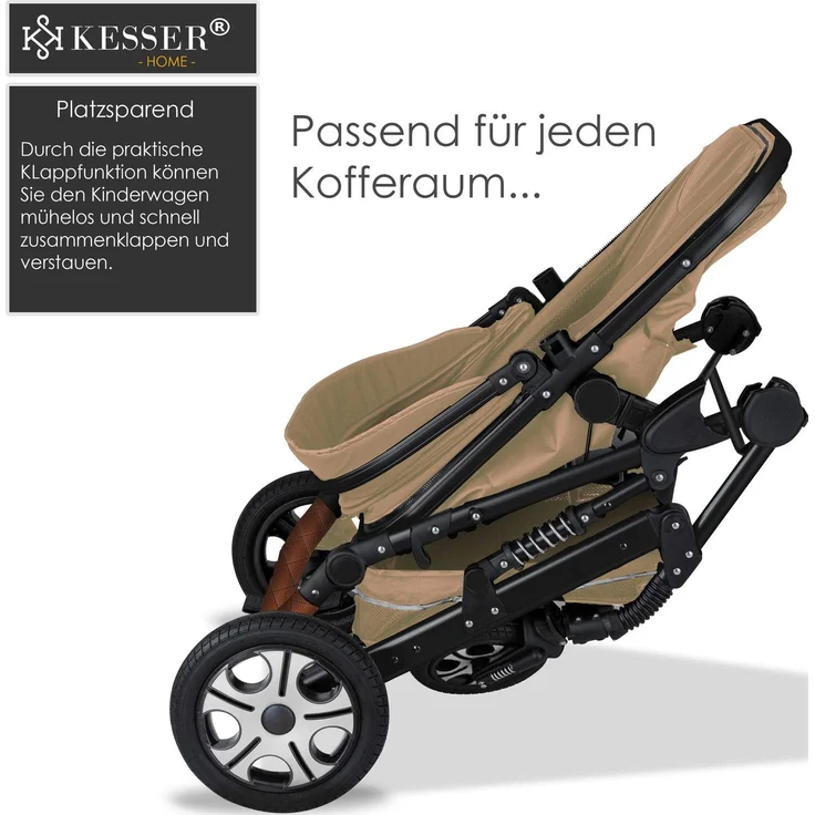 KESSER® 'Loops' Kombikinderwagen 3 in 1 Kinderwagen inkl. Babywanne, Buggy Sportsitz, Auto-Babyschale - Voll-Gummireifen - Wickeltasche/Regenschutz Beige/ Schwarz – Bild 5