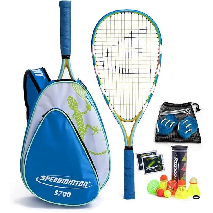 Speedminton 400085 'Set S700' Badmintonspiel, Set inkl. 2x Schläger (Aluminium), 5x Bälle, 1x Windring, 1x Spielfeld, 4x Speedlights, 1x Settasche, gelb/blau/grün