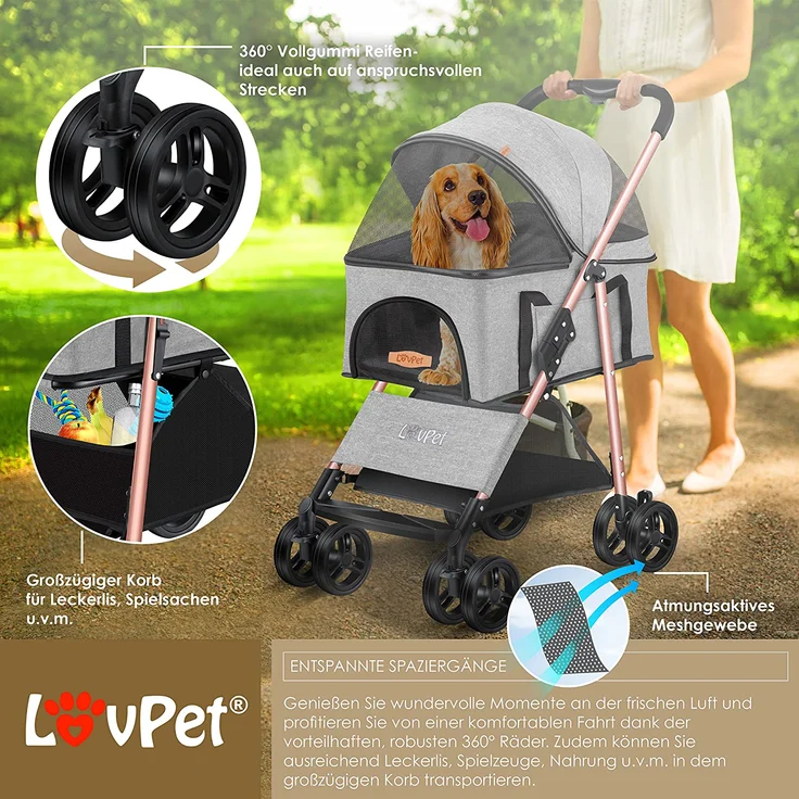 LOVPET® Hundewagen 2in1 Hundebuggy Hundebox Transporttasche, faltbar, klappbar, max. belastbar bis 20 kg, mit Netzfenstern, Regenschutzabdeckung, Hellgrau - Preisvergleich – Bild 3