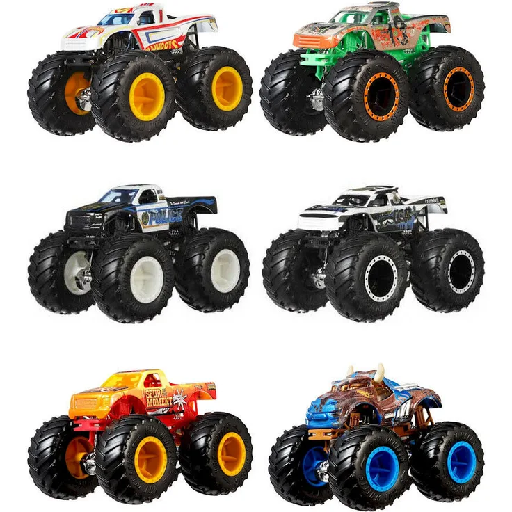 Hot Wheels 2019 Monster Trucks Demolition Doubles Police VS Hooligan Giant Wheels 1:64, sortiert, 1 Set mit 2 Fahrzeugen, zufällige Auswahl, keine Vorauswahl möglich