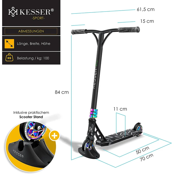 KESSER 'Stunt Scooter GT-Limit', 360° Lenkung, mit Ständer, ABEC 9 Kugellagern, 110 mm PU Räder, max. belastbar bis 100 kg, Schwarz / Rainbow – Bild 3