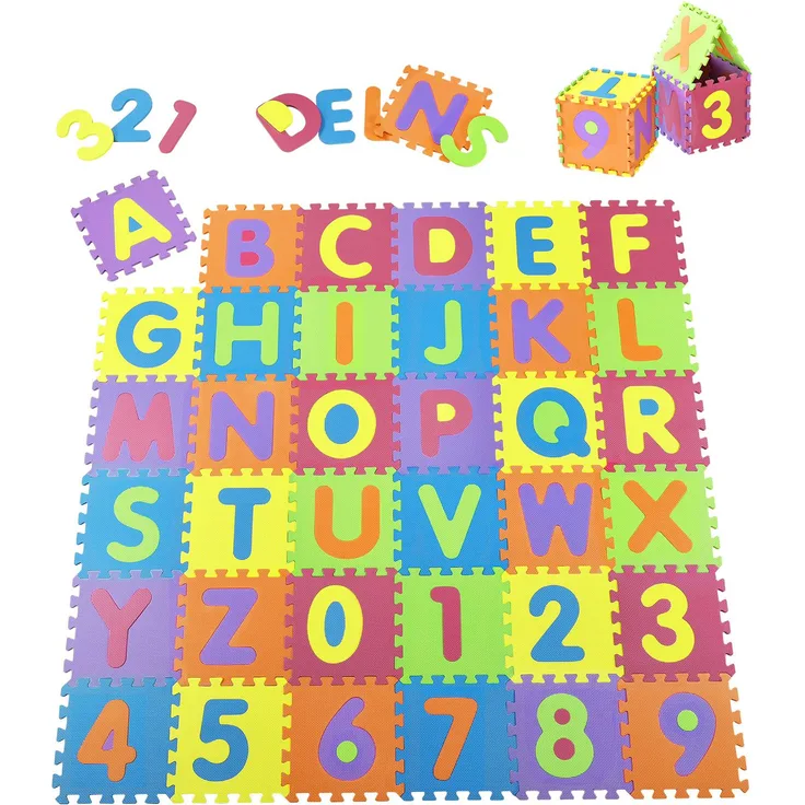 Juskys 'Kinder Puzzlematte Kim', 36 Teile, mit Buchstaben A-Z & Zahlen 0-9, rutschfest & abwischbar, ab 10 Monate, Eva Schaumstoff
