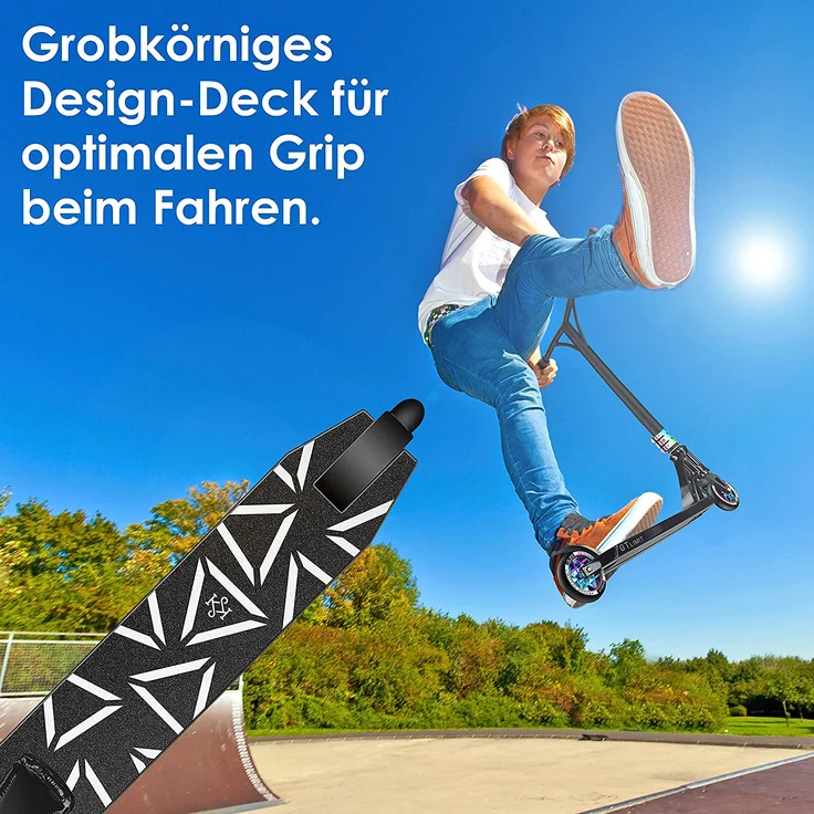 KESSER 'Stunt Scooter GT-Limit', 360° Lenkung, mit Ständer, ABEC 9 Kugellagern, 110 mm PU Räder, max. belastbar bis 100 kg, Schwarz / Rainbow – Bild 4