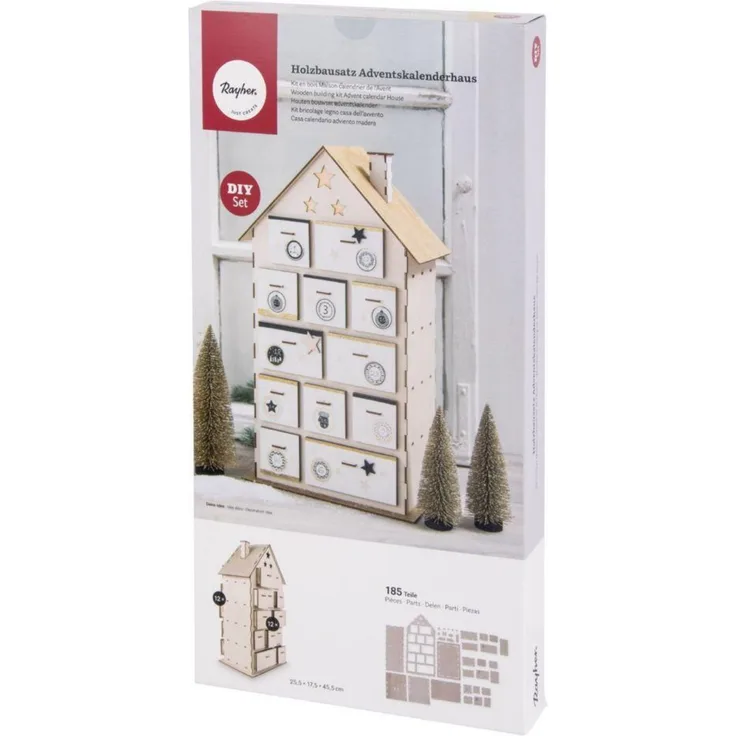 Holzbaus. Adventskalenderhaus,, 25,5x17,5x45,5cm, 185 tlg, Box 1Set, natur