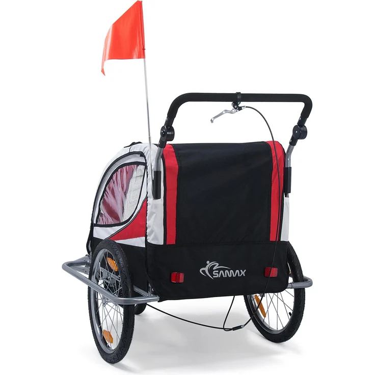 SAMAX Fahrradanhänger Jogger 2in1 360° drehbar Kinderanhänger Kinderfahrradanhänger Transportwagen vollgefederte Hinterachse für 2 Kinder in Rot - Silver Frame – Bild 4