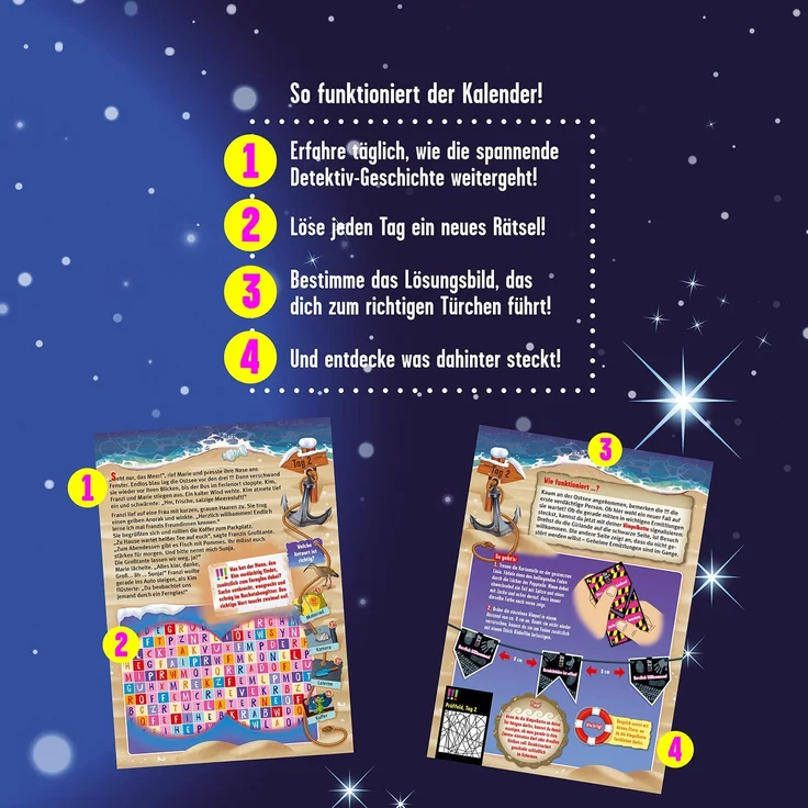 Kosmos 'Die drei !!!- Adventskalender', entdecke in 24 spannenden Rätseln das Geheimnis im Geisterschiff, ab 8 Jahren – Bild 5