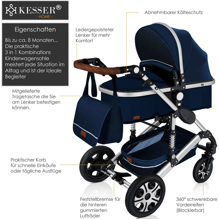 KESSER® 'Loops' Kombikinderwagen 3 in 1 Kinderwagen inkl. Babywanne, Buggy Sportsitz, Auto-Babyschale - Voll-Gummireifen - Wickeltasche/Regenschutz Blau / Silber – Bild 2