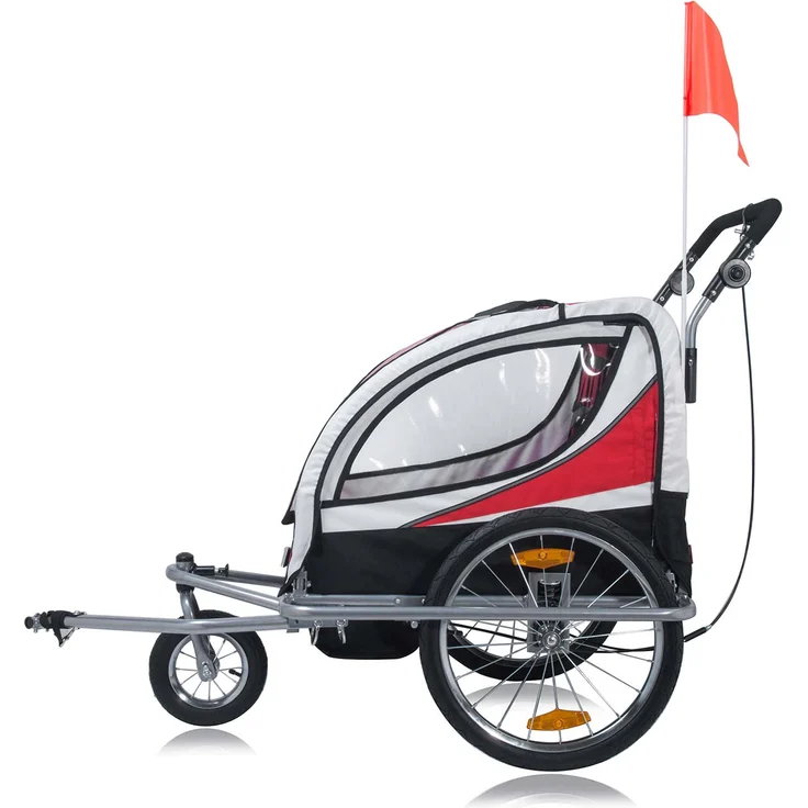 SAMAX Fahrradanhänger Jogger 2in1 360° drehbar Kinderanhänger Kinderfahrradanhänger Transportwagen vollgefederte Hinterachse für 2 Kinder in Rot - Silver Frame – Bild 3
