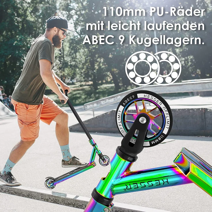 KESSER 'Stunt Scooter X-Limit-Pro', 360° Lenkung, mit Ständer, ABEC 9 Kugellagern, 110 mm PU Räder, Rainbow – Bild 7