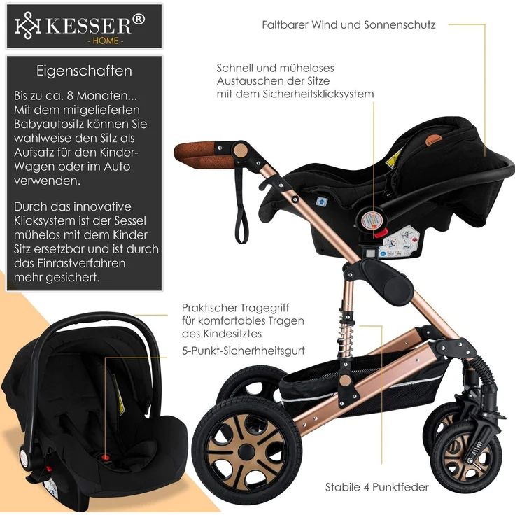 KESSER Loops 3 in 1 Kinderwagen Kombikinderwagen Komplettset incl.  Babywanne & Buggy Sportsitz & Auto-Babyschale - Voll-Gummireifen -  Wickeltasche/Regenschutz/Kindertisch Set Schwarz / Champagne: Tests, Infos  & Preisvergleich