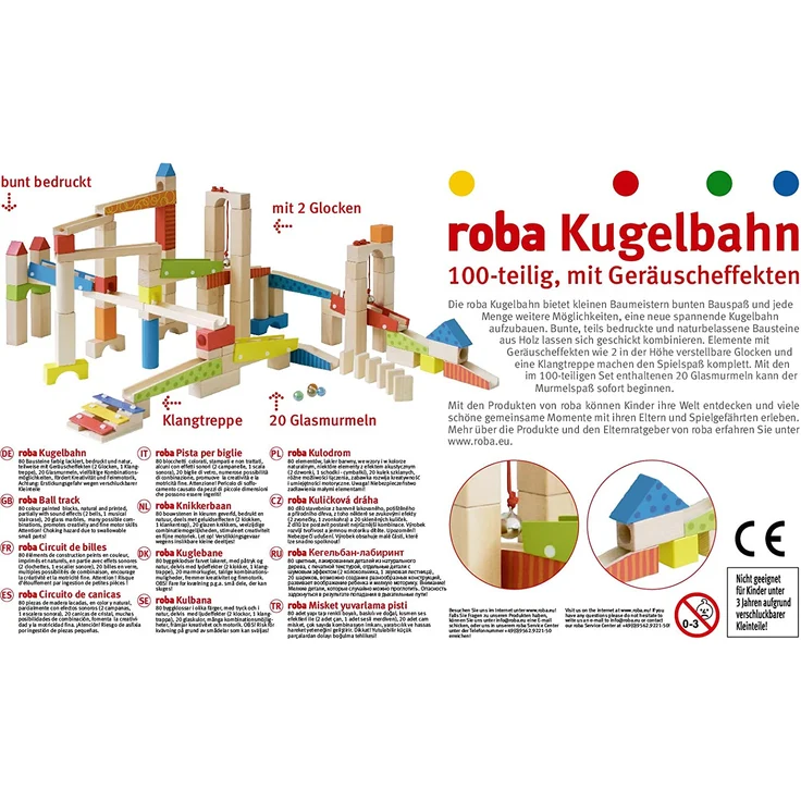 roba Kugelbahn, Holzkugelbahn groß, 100-teilig, Murmelbahn Bausatz inklusive Bausteinen mit Geräscheffekten und Glasmurmeln, Motorikspielzeug variabel aufbaubar – Bild 3