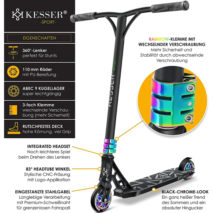 KESSER 'Stunt Scooter GT-Limit', 360° Lenkung, mit Ständer, ABEC 9 Kugellagern, 110 mm PU Räder, max. belastbar bis 100 kg, Schwarz / Rainbow – Bild 6