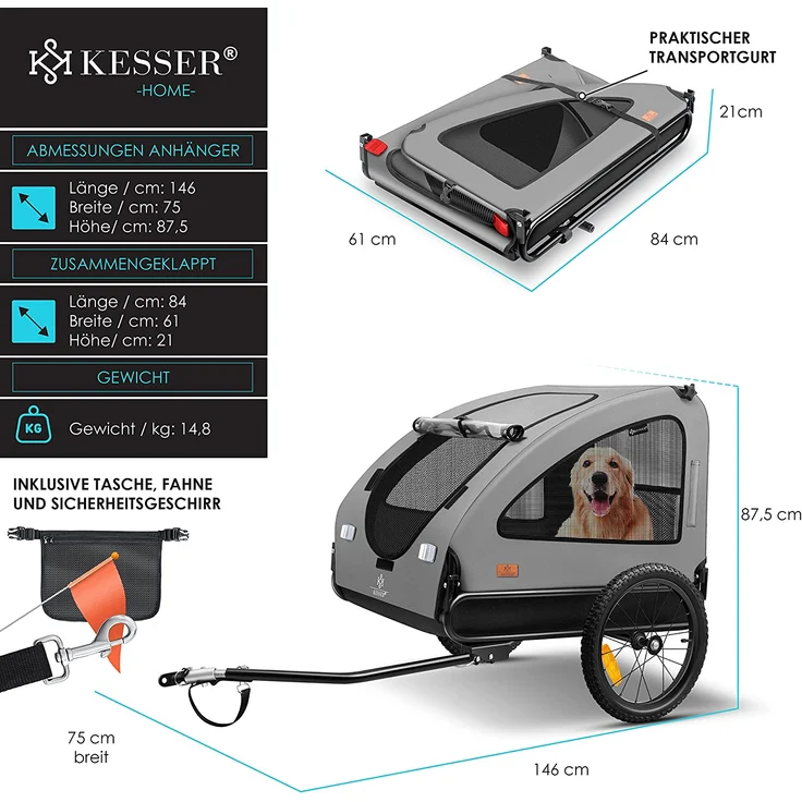 KESSER® Hundeanhänger Boxer 2-in-1 Fahrradanhänger, ca. 250L Volumen, Inkl. Fahne und Tasche, Klappbar SmartSpace Concept, maximale Belastbarkeit: 45kg, Grau / Schwarz – Bild 4