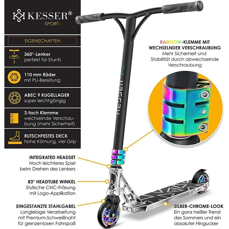 KESSER 'Stunt Scooter GT-Limit', 360° Lenkung, mit Ständer, ABEC 9 Kugellagern, 110 mm PU Räder, max. belastbar bis 100 kg, Silber – Bild 6