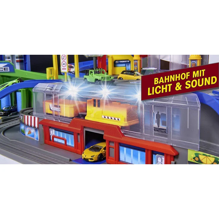 Majorette 'Super City Garage', motorisierte Bahn für Modellautos mit Parkplätzen und Eisenbahn, sieben Etagen, ab 5 Jahren – Bild 8
