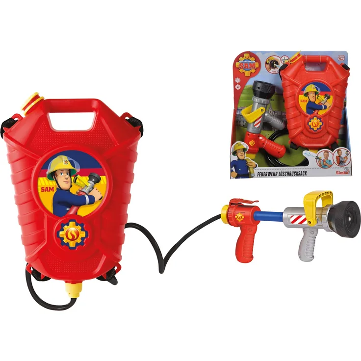 Simba Feuerwehrmann Sam 'Feuerwehr Tankrucksack', Wasserpistole mit Einfach- oder Mehrfachstrahl, 1800 ml Tankvolumen, 10 m Reichweite, ab 3 Jahren