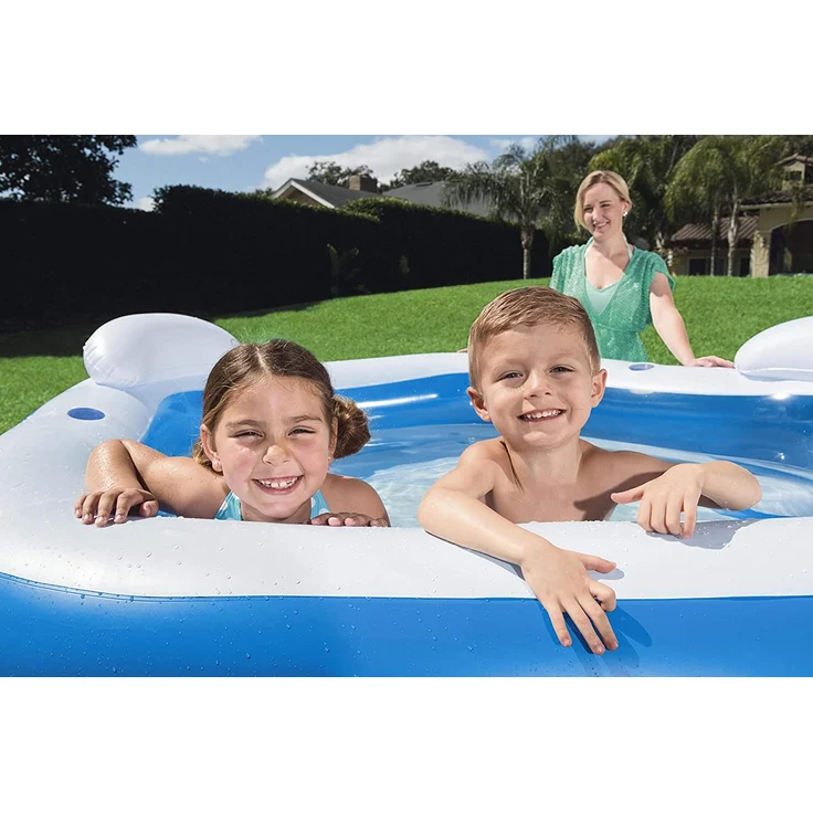 Bestway 'Fun' Family Pool, Planschbecken, 213 x 207 x 69 cm, ab 6 Jahren, blau/weiß, inkl. zwei Getränkehaltern, Kopfstützen und Sitzpolstern – Bild 9
