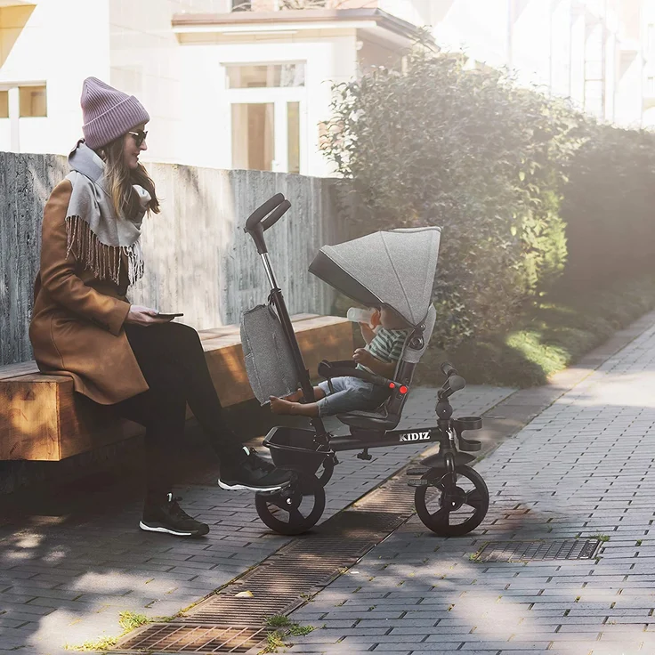 KIDIZ '5in1 Kinderdreirad', mit Schubstange, Lenksystem Stange, Korb, Tasche, Sonnendach, Gummiräder, Grau, ab 1 Jahr – Bild 6