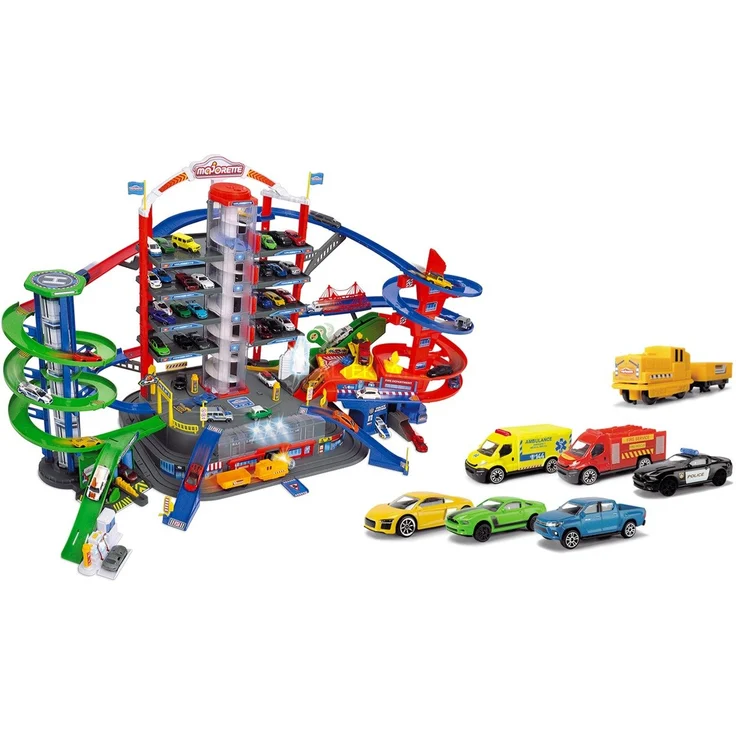 Majorette 'Super City Garage', motorisierte Bahn für Modellautos mit Parkplätzen und Eisenbahn, sieben Etagen, ab 5 Jahren – Bild 2
