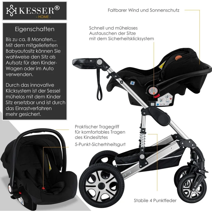 KESSER® Loops 3 in 1 Kinderwagen Kombikinderwagen Komplettset incl. Babywanne & Buggy Sportsitz & Auto-Babyschale - Voll-Gummireifen - Wickeltasche/Regenschutz/Kindertisch Set Schwarz / Silber – Bild 3