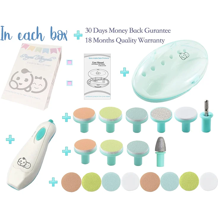 Royal Angels - Baby Nagelknipser 20 in 1 | Sicherer elektrischer Baby Nagelschneider, Baby-Nagel-Dateikit, zusätzliche Ersatzköpfe, neugeborene Kleinkindzehen und Fingernägel (Grün) – Bild 2