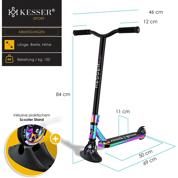 KESSER 'Stunt Scooter X-Limit-Pro', 360° Lenkung, mit Ständer, ABEC 9 Kugellagern, 110 mm PU Räder, Rainbow – Bild 4