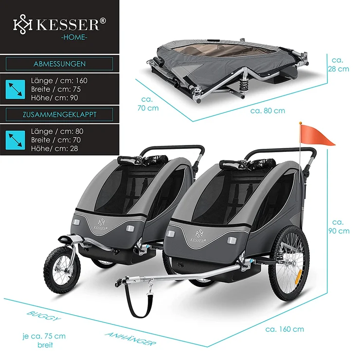 KESSER 'Cruiser' Fahrradanhänger 360° Drehbar mit Federung 2in1 Joggerfunktion Kinderfahrradanhänger + 5-Punkt Gurt Jogger Fahrrad Anhänger für 1 bis 2 Kinder max. 40kg Hellgrau – Bild 4