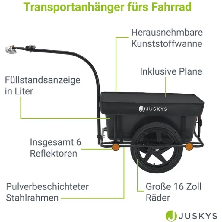 Juskys Fahrradanhänger für Fahrrad 40 kg Zuladung Schwarz, 90 l, Luftbereifung