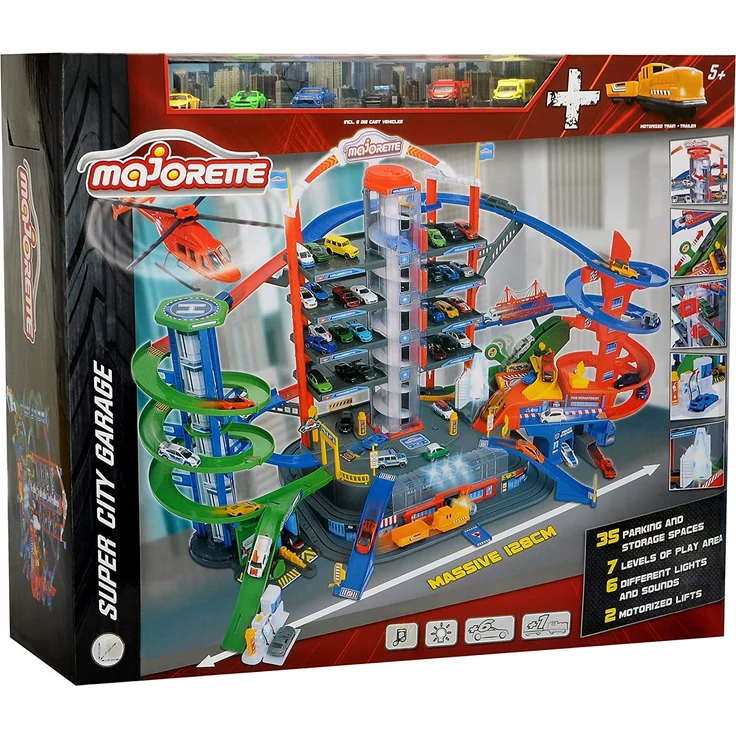 Majorette 'Super City Garage', motorisierte Bahn für Modellautos mit Parkplätzen und Eisenbahn, sieben Etagen, ab 5 Jahren – Bild 3
